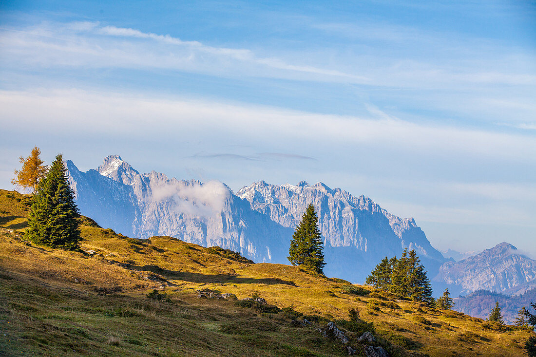 Blick zum Wilden Kaiser von der Eggenalm, Kitzbühler Alpen, Tirol, Österreich