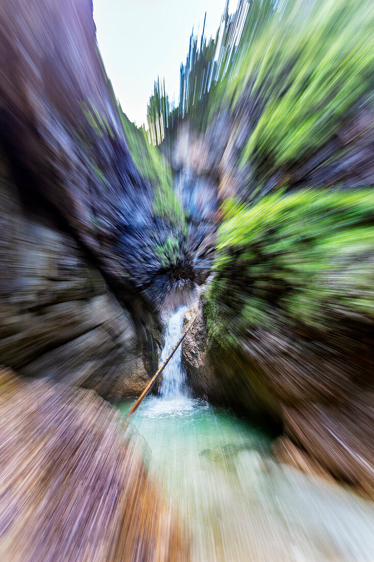 Almbachklamm in the Berchtesgaden Alps with zoom drive, Bavaria, Germany