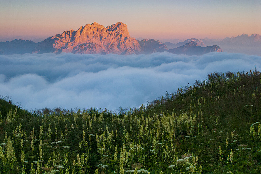 Sonnenaufgang in den Karnischen Alpen, Berg Creta Grauzaria, Region Friaul Julisch Venetien, Provinz Udine, Italien