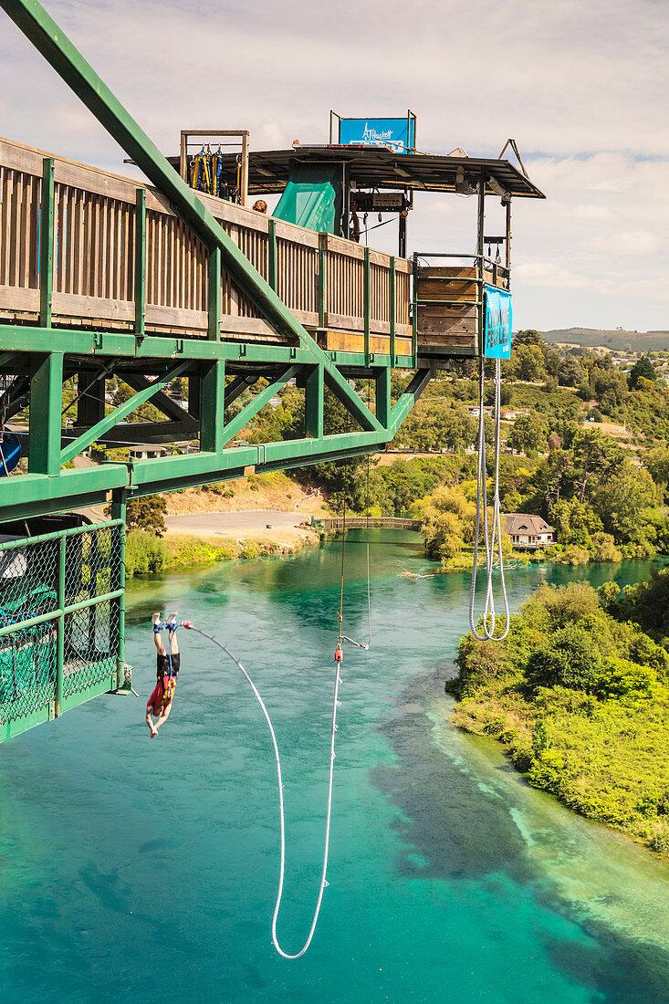 Bungee-Springen, Waikato-Fluss, Taupo, Waikato, Nordinsel, Neuseeland, Pazifik