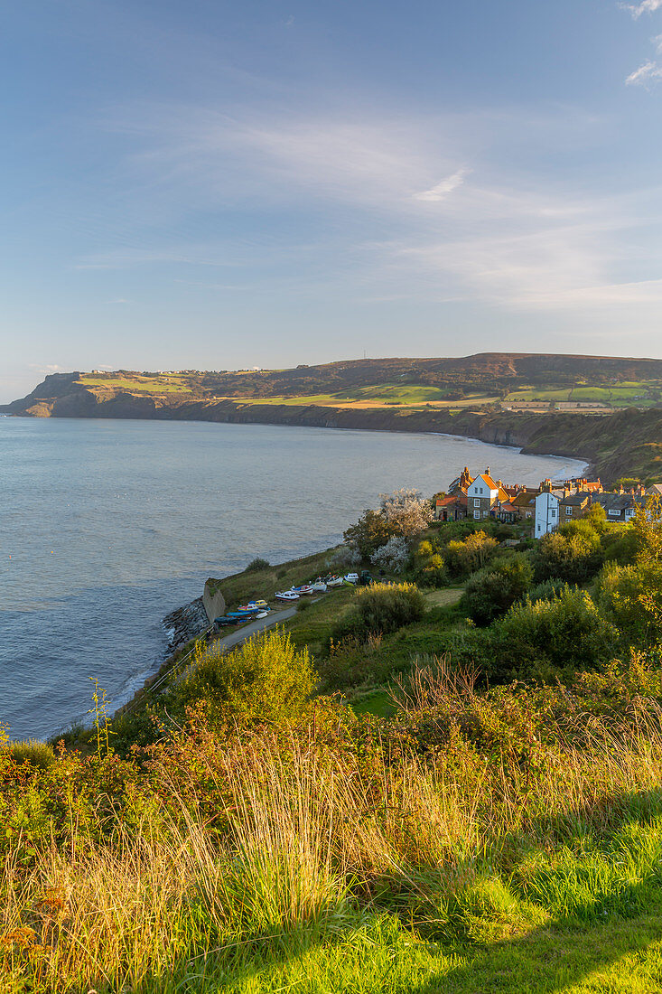 Panoramic view of old fishing village in Robin Hood's Bay, North Yorkshire, England, United Kingdom, Europe