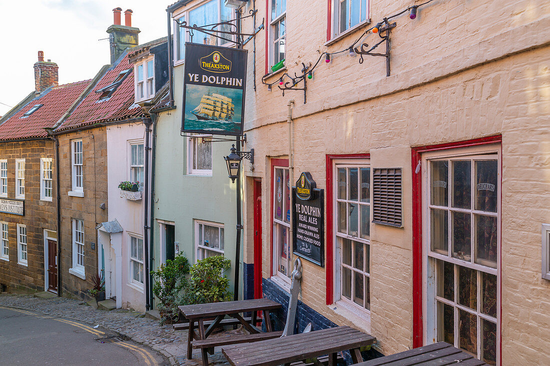 View of traditional inn on King Street in Robin Hood's Bay, North Yorkshire, England, United Kingdom, Europe