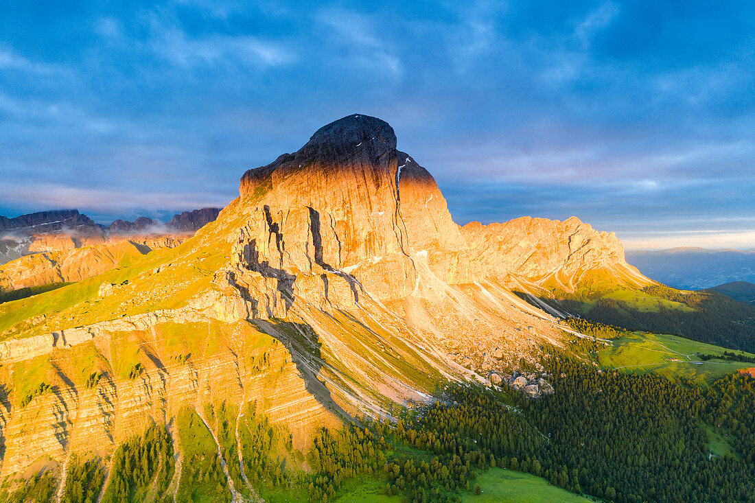 Aerial view of Sass De Putia and Odle di Eores (Aferer Geisler) at sunrise, Passo Delle Erbe, Dolomites, South Tyrol, Italy, Europe