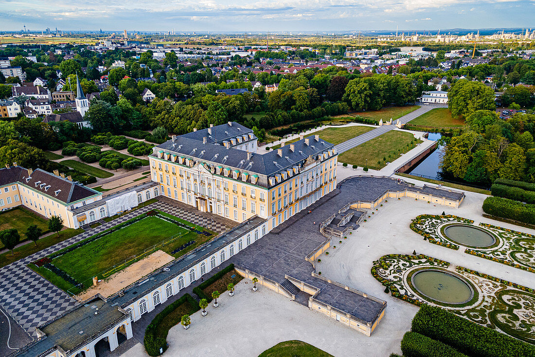 Aerial of Augustusburg Palace, UNESCO World Heritage Site, Bruhl, North Rhine-Westphalia, Germany, Europe