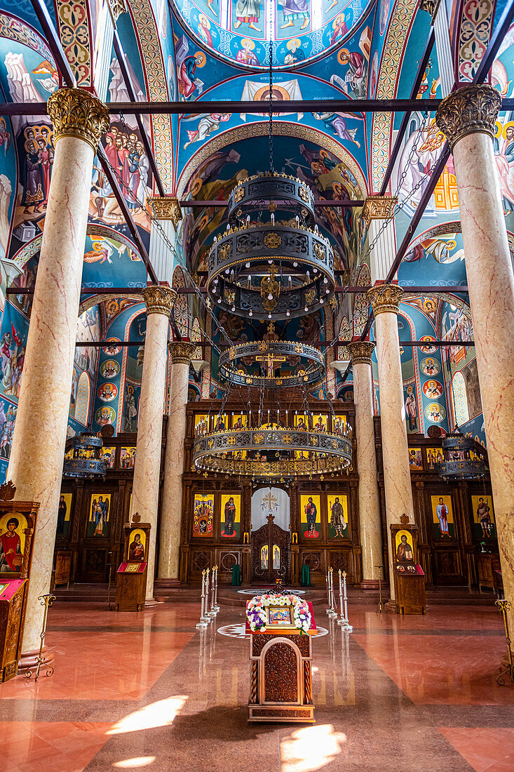 Colourful religious wall paintings, Orthodox Holy Trinity Cathedral, Nis, Serbia, Europe