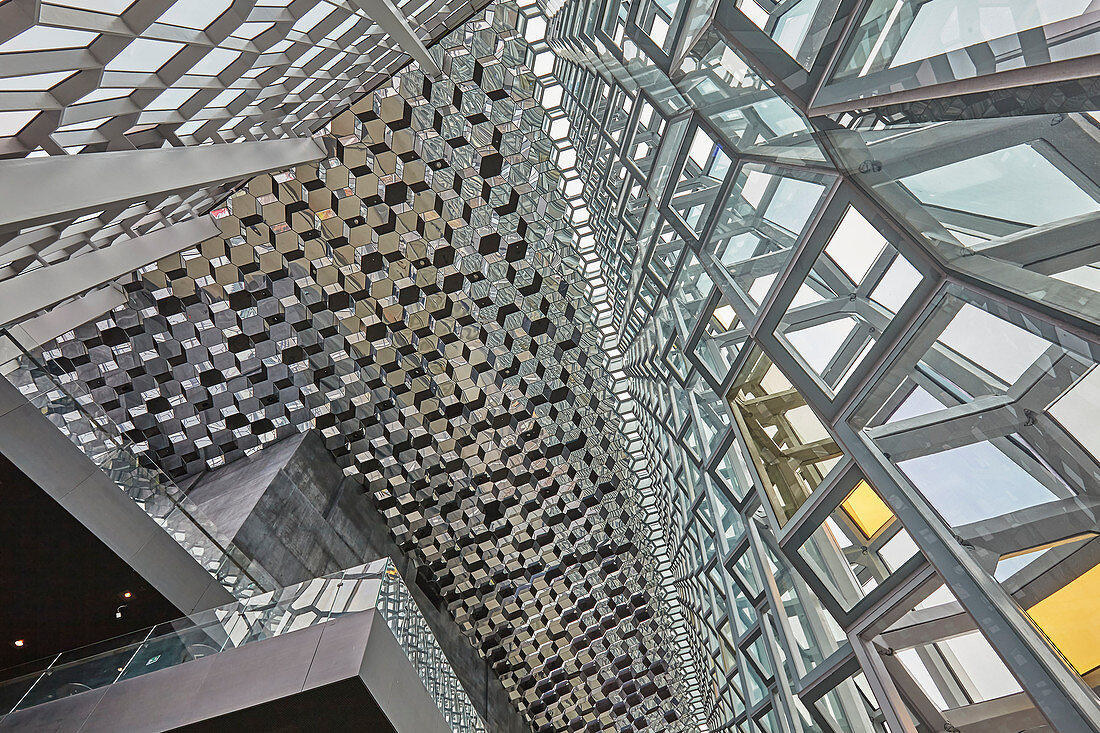 Geometical shapes in the internal architecture of the very modern Harpa Concert Hall, in Reykjavik, southwest Iceland, Polar Regions