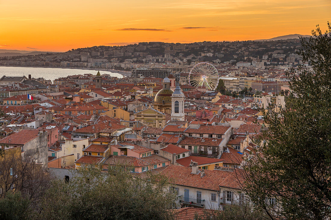 Elevated view from Castle Hill over the old town at sundown, Nice, Alpes Maritimes, Cote d'Azur, French Riviera, Provence, France, Mediterranean, Europe
