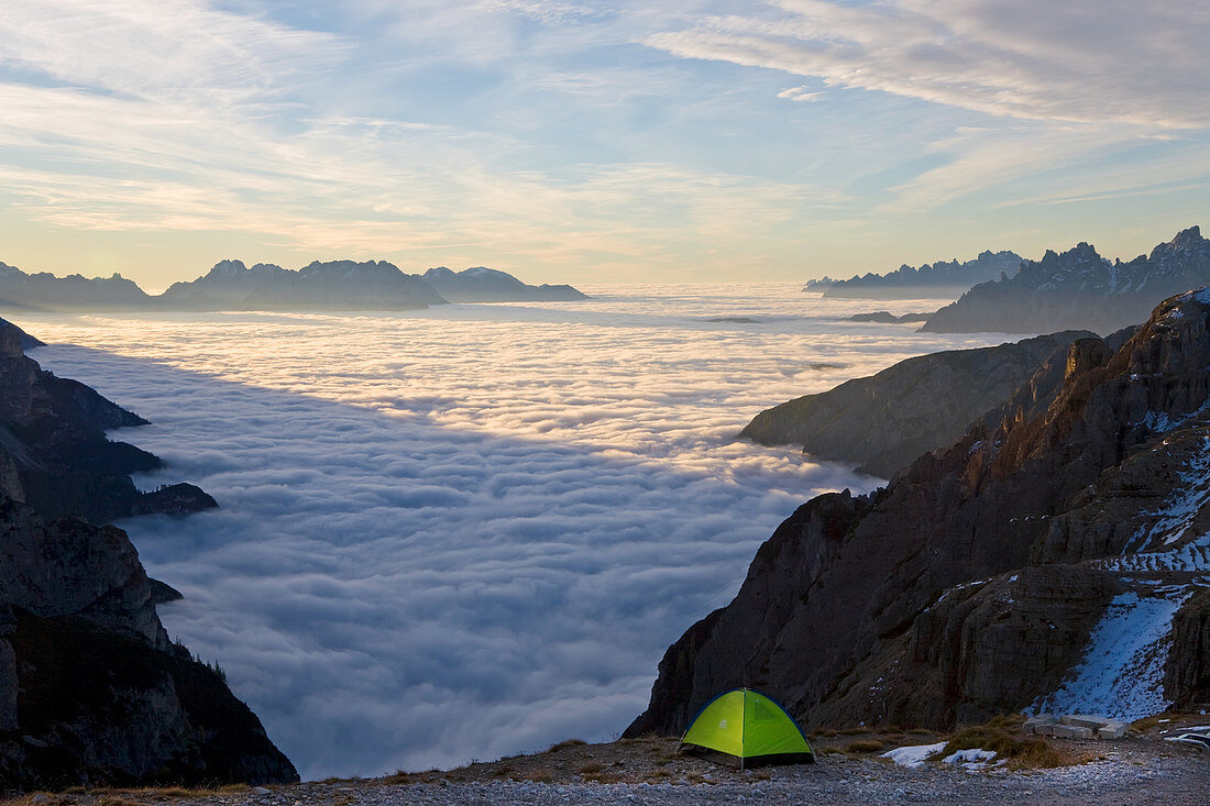 Tent above the clouds, Trentino-Alto Adige, South Tyrol in Bolzano district, Alta Pusteria, Hochpustertal,Sexten Dolomites, Italy