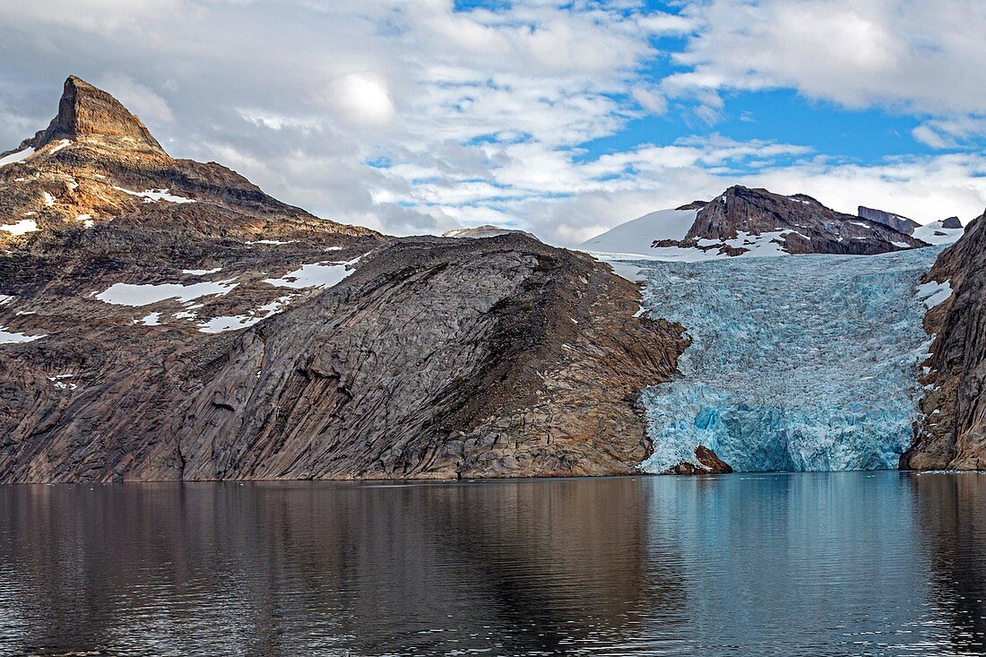 LANDSCAPE WITH A BLUE-COLORED GLACIER'S ICE TONGUE, ASTORIA CRUISE SHIP, PRINCE CHRISTIAN SOUND, GREENLAND