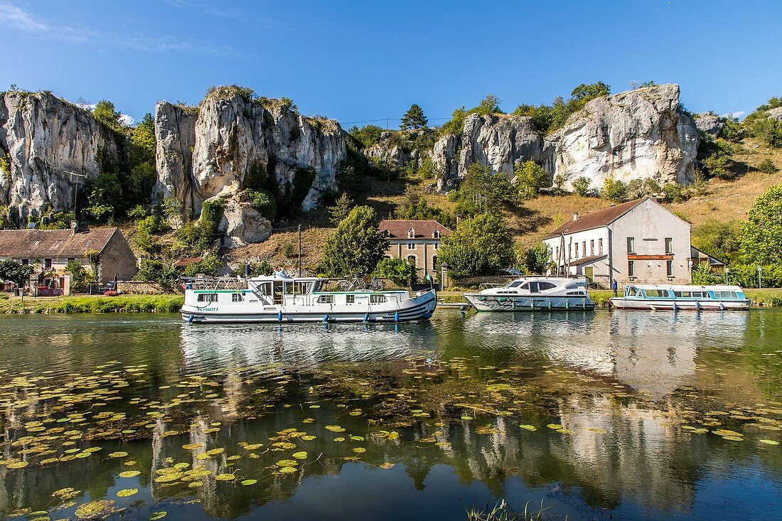 Saussois Rock, Limestone Cliff 60 Meter High, Die Überreste Eines Korallenriffs Mit Blick Auf Den Nivernais-Kanal, Merry Sur Yonne, Yonne, Burgund, Frankreich