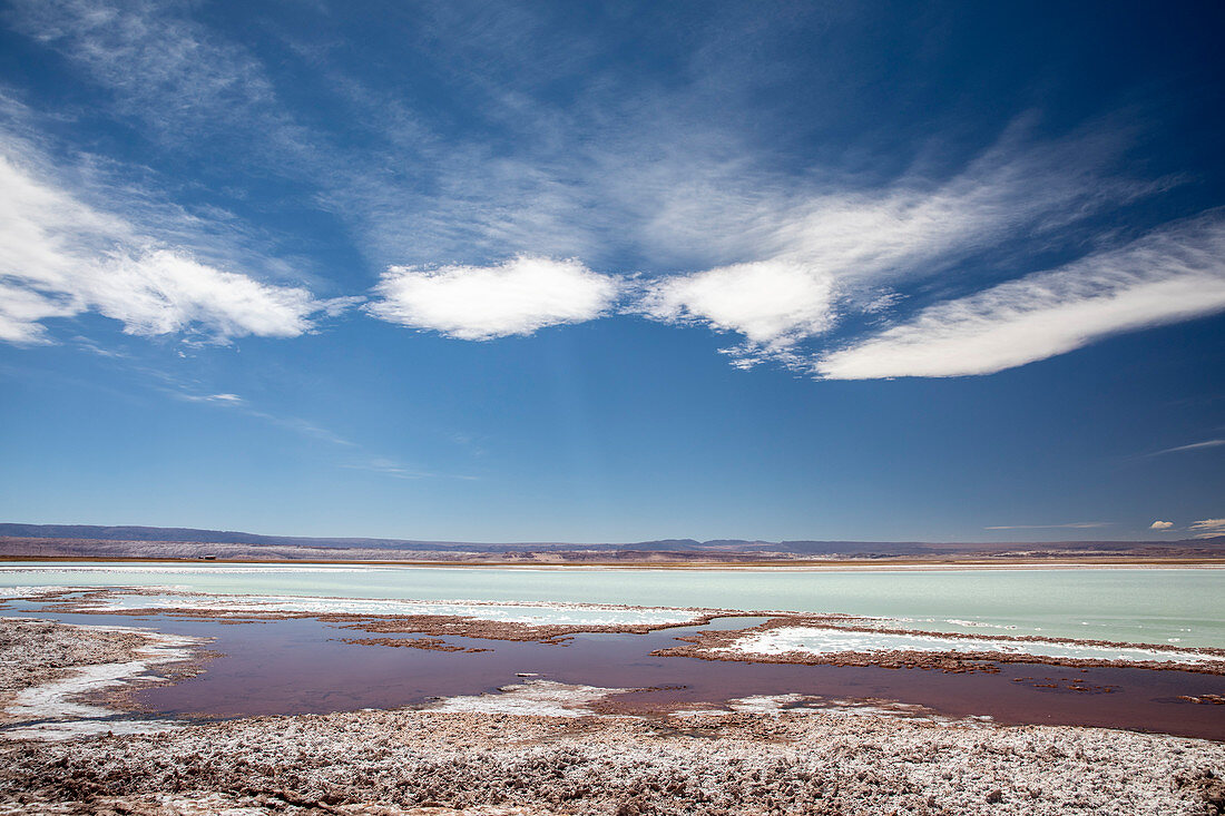 Laguna Tebenquicne, a salt water lagoon in the Salar de Atacama, Los Flamencos National Reserve, Chile, South America