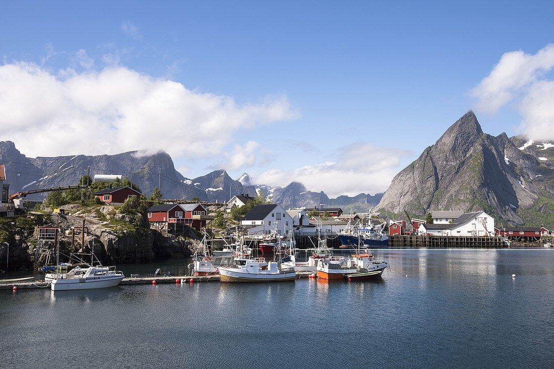 Little bay and peaks of Hamnøy, Moskenes, Nordland county, Lofoten Islands, Northern Norway, Europe