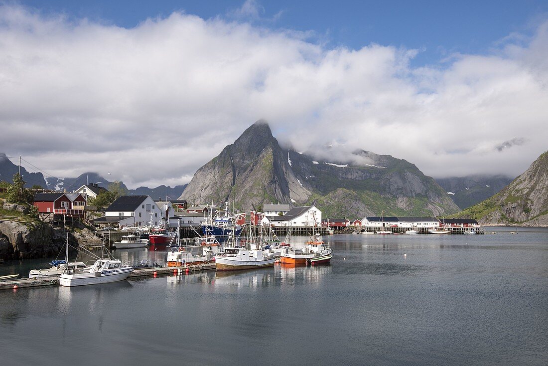 Little bay and peaks of Hamnøy, Moskenes, Nordland county, Lofoten Islands, Northern Norway, Europe