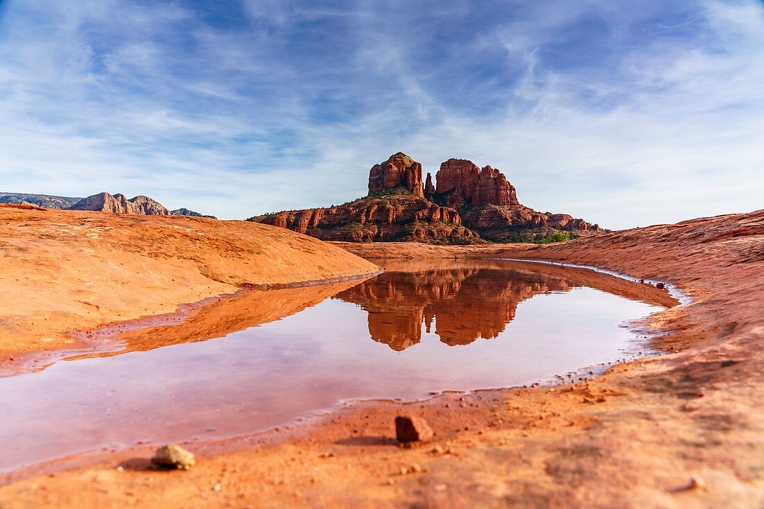 Cathedral Rock reflected in a puddle, Sedona, Arizona, Usa