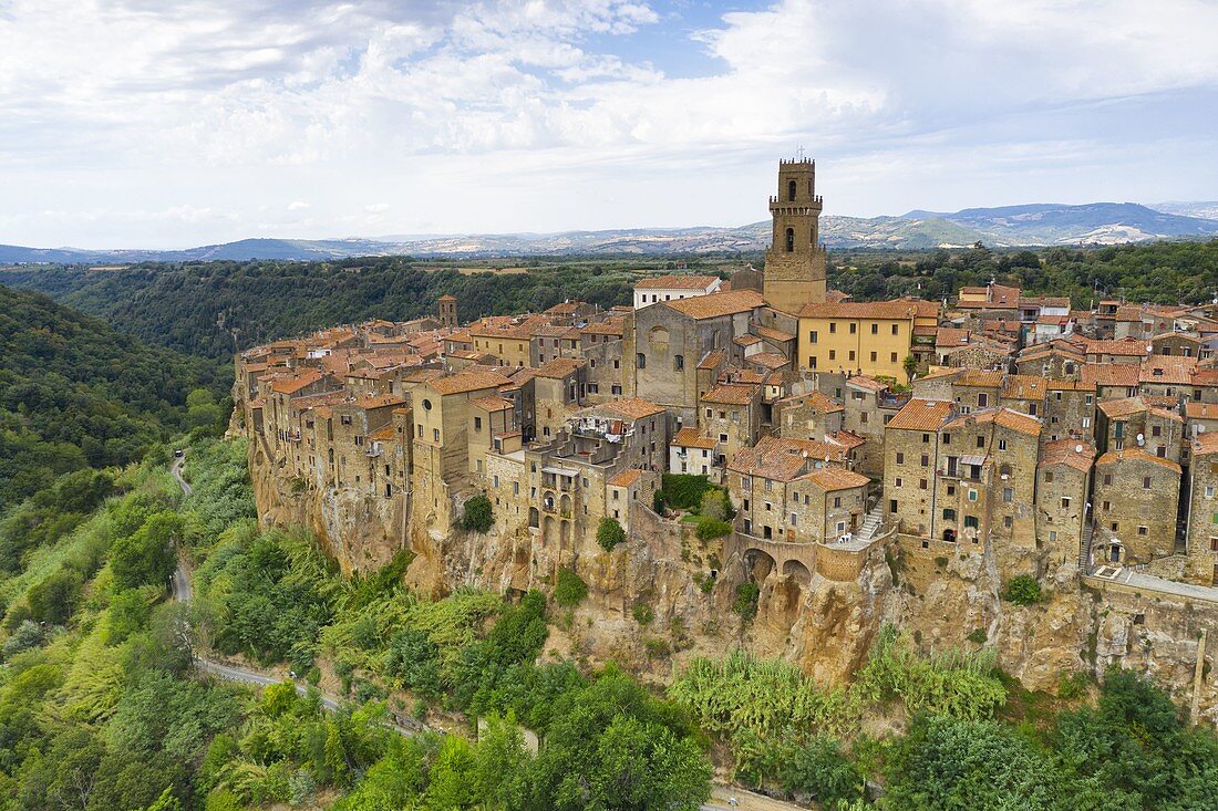 aerial view taken by drone of old village of Pitigliano in summer time, Grosseto province, Tuscany district, Italy, Europe
