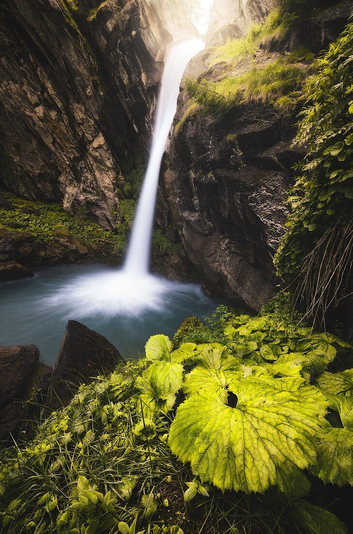Piss del Passet waterfall in Maira Valley, Canosio, Piedmont, Italy