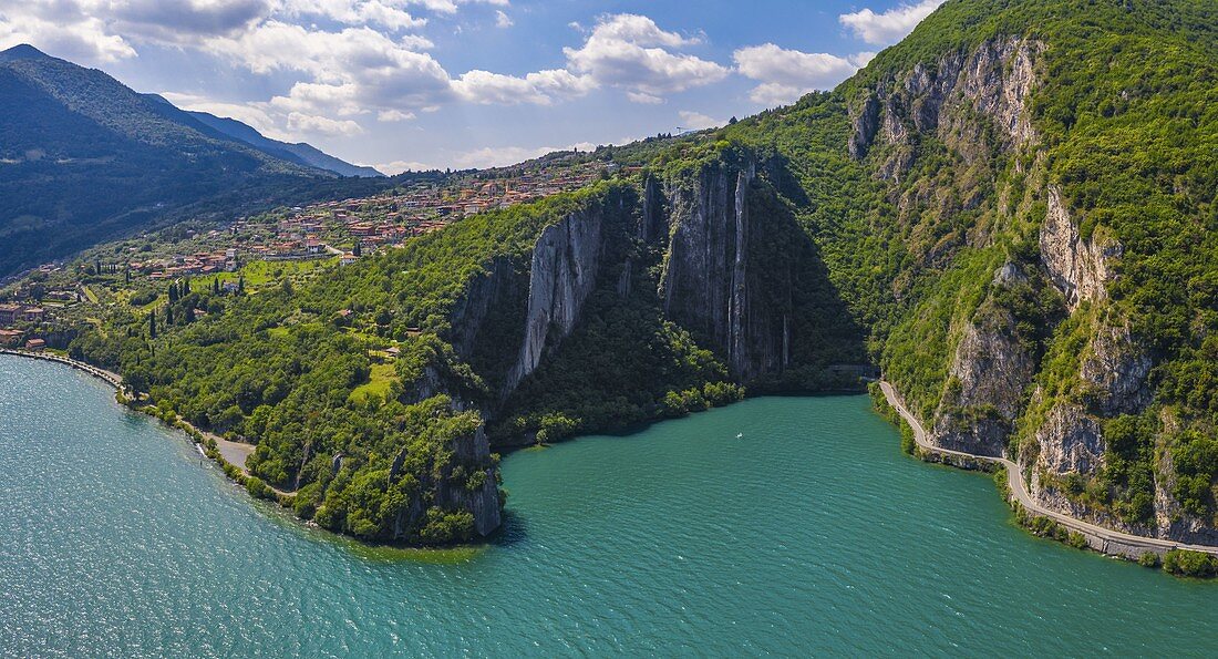 Elevated view of Orrido di Bogn and Riva di Solito, Iseo lake, Bergamo, Lombardy, Italy, Southern Europe