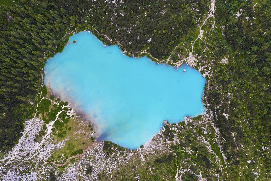 Sorapiss See von oben, Cortina di Ampezzo, Belluno, Venetien, Italien, Südeuropa