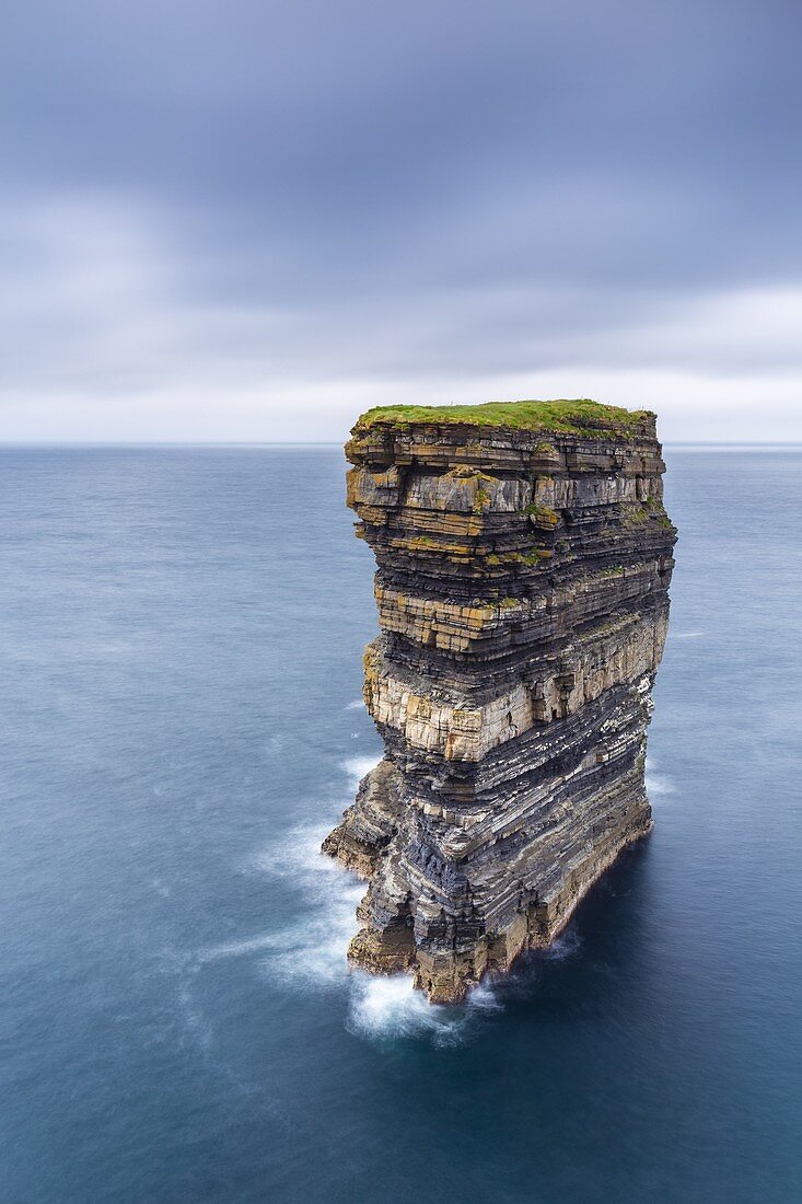 View of the huge sea stack called Dun Briste at Downpatrick Head from the surrounding cliffs. Ballycastle, County Mayo, Donegal, Connacht region, Ireland, Europe.