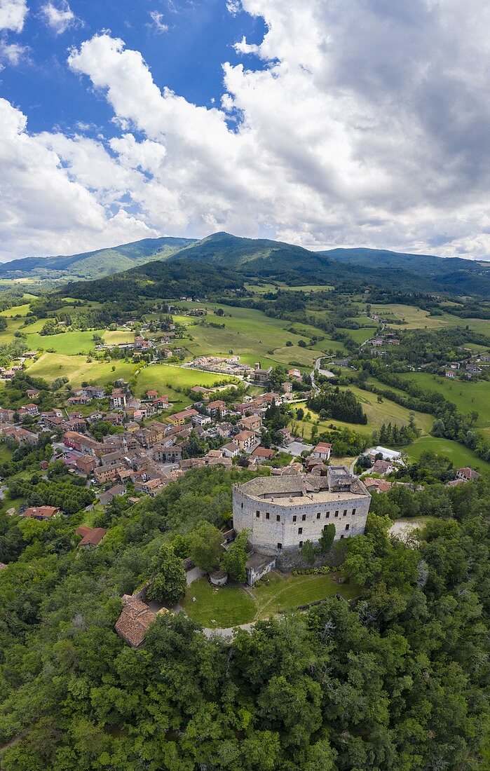 Aerial view of the Castello dal Verme in Zavattarello town. Val Tidone, Oltrepo Pavese, Province of Pavia, Lombardy, Italy.