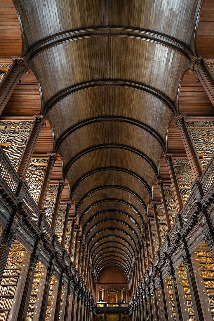 View of the interior of the Trinity College library, Dublin, Ireland, Europe.