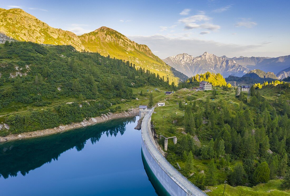 Aerial view of Laghi Gemelli, the dam and it's refuge. Branzi, Val Brembana, Alpi Orobie, Bergamo, Bergamo Province, Lombardy, Italy, Europe.