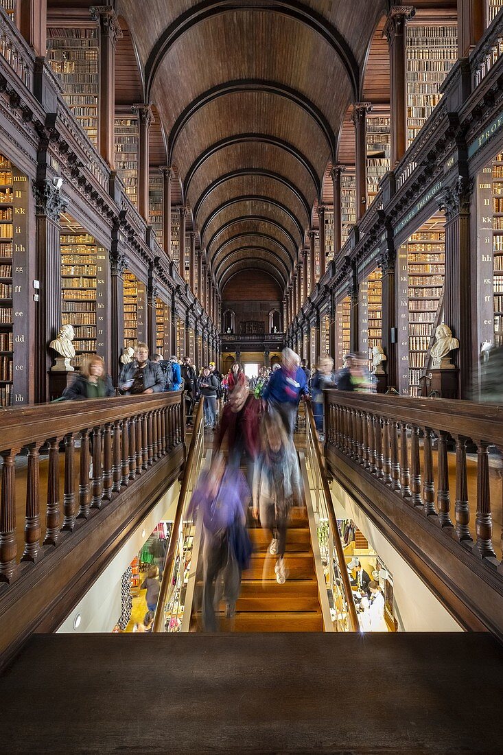 View of the interior of the Trinity College library, Dublin, Ireland, Europe.
