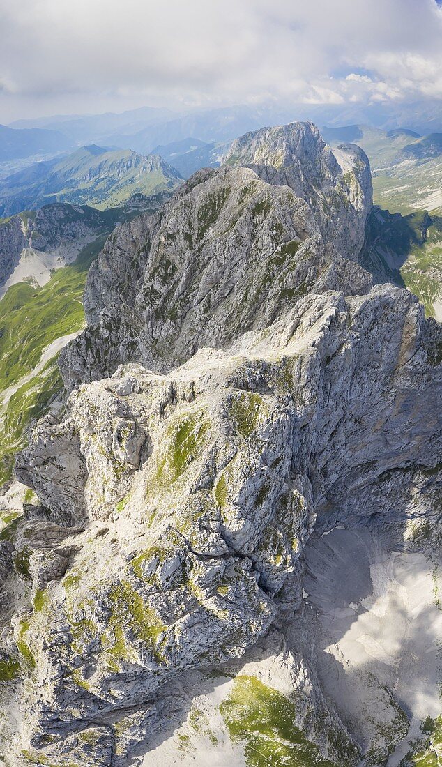 Aerial panorama of the Presolana mountain from above in summer. Val Seriana, Bergamo district, Lombardy, Italy, Southern Europe.