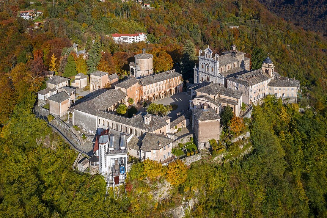 Aerial view of the Sacro Monte of Varallo Sesia, Vercelli district, Piedmont, Italy, Europe.