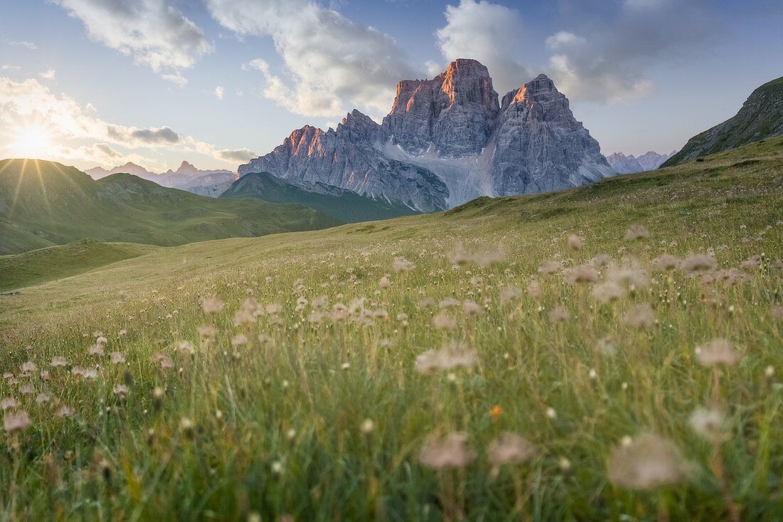 natural alpine landscape, mondeval with mount pelmo in the background, san vito di cadore, belluno, veneto, italy