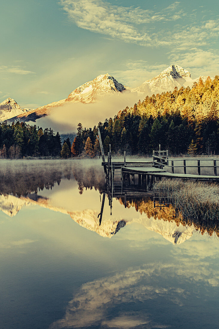 Morning mood at Lake Staz, Engadin, Graubünden, Switzerland, Europe;