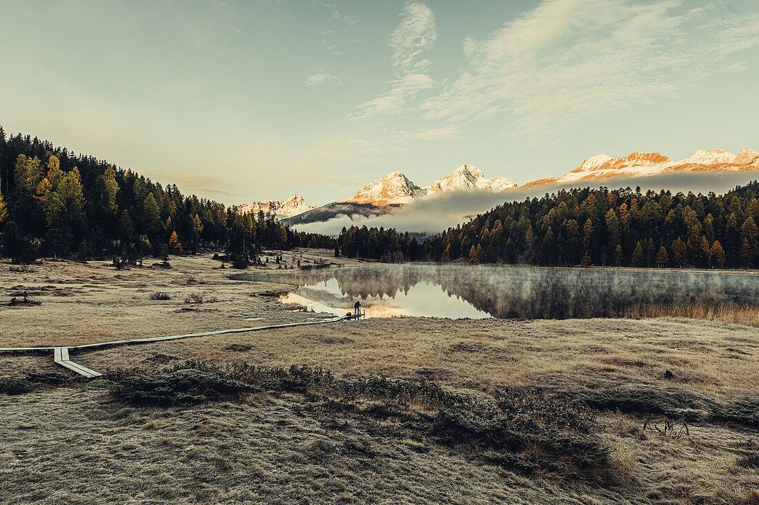 Morning mood at Lake Staz, Engadin, Graubünden, Switzerland, Europe;