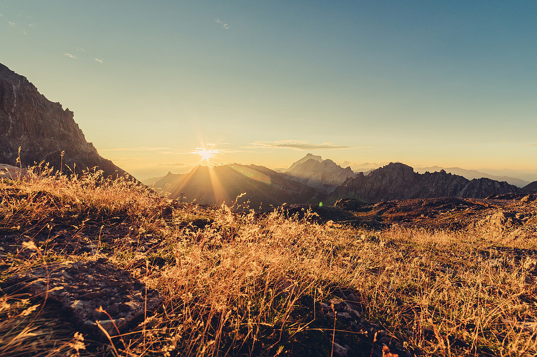 Sunrise in the mountains in Raetikon, Vorarlberg, Austria, Europe