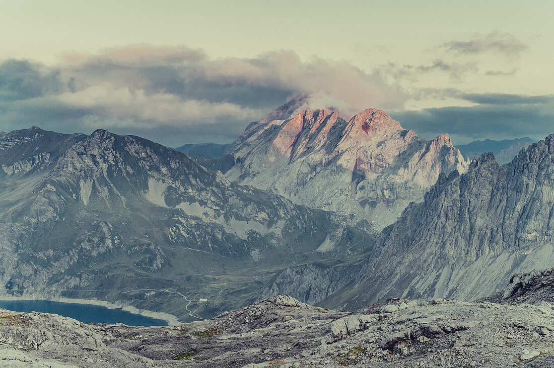 Twilight in the Rätikon over the Lünersee, Vorarlberg, Austria, Europe