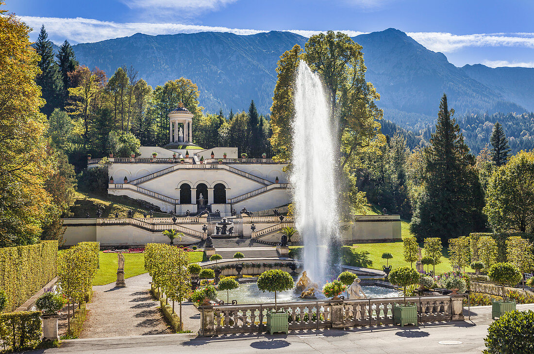 Fountain and terrace garden of Linderhof Palace, Ettal, Allgäu, Bavaria, Germany