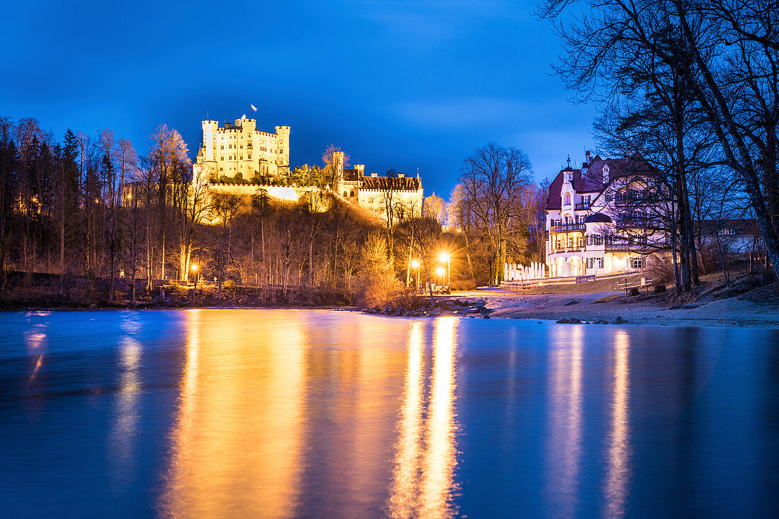 Hohenschwangau Castle from the Alpsee in the evening, Allgäu, Bavaria, Germany
