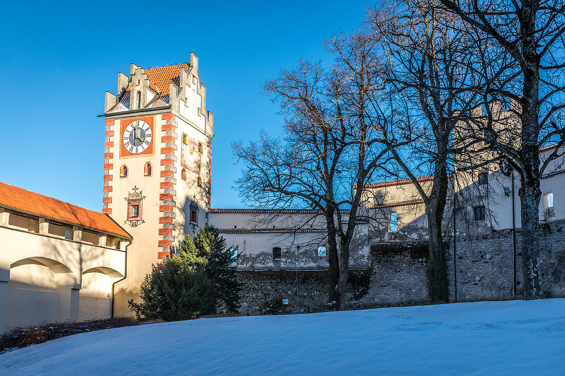 Uhrturm des Hohen Schlosses von Füssen, Allgäu, Bayern, Deutschland