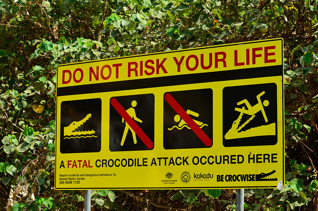 Warning sign of crocodile attacks, Kakadu National Park, Jabiru, Northern Territory, Australia