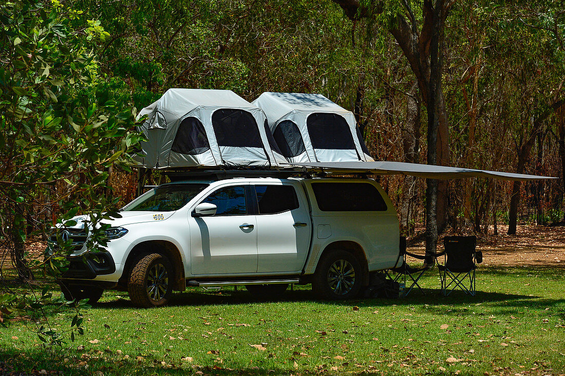 An off-road camper with a roof tent in the outback, Cooinda, Kakadu National Park, Northern Territory, Australia