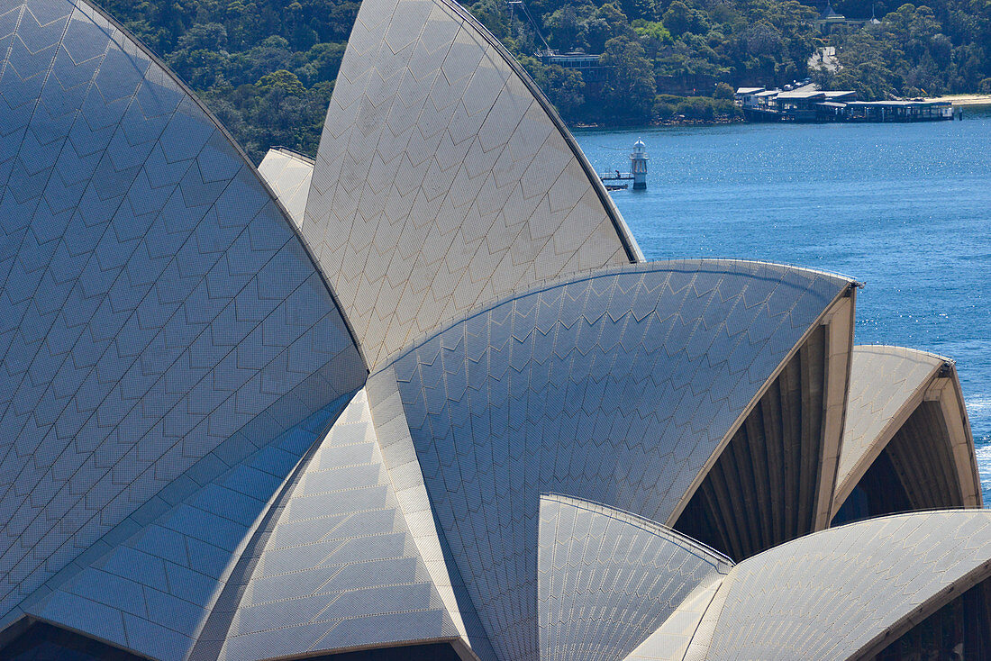 Das Opera House in Nahaufnahme mit Hafen im Hintergrund, Sydney, New South Wales, Australien