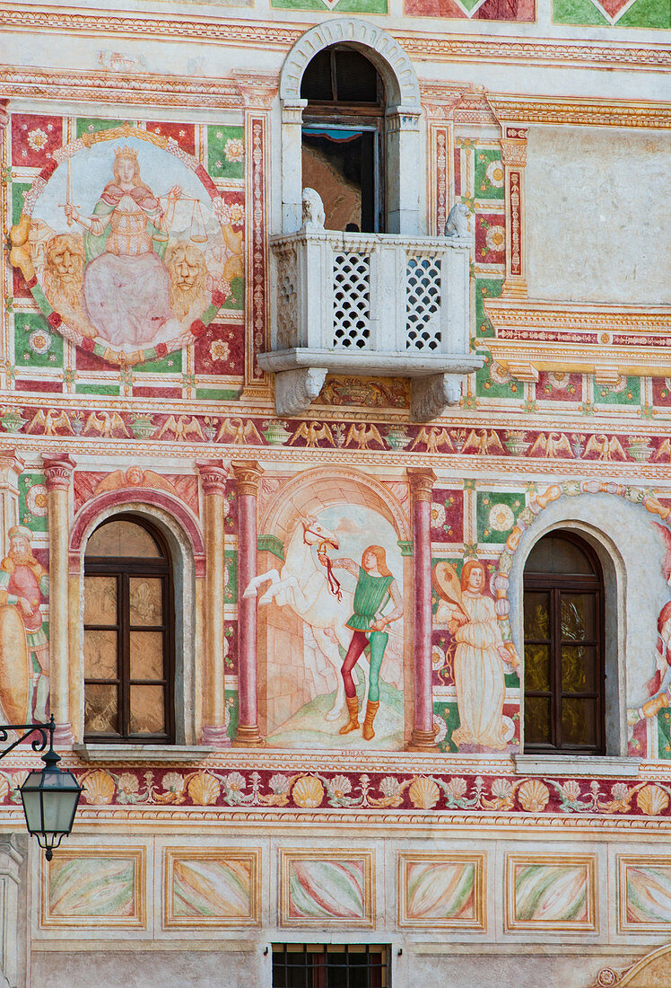 The frescoed facade of the castle of Spilimbergo, symbol of the city, in the province of Pordenone. Friuli Venezia Giulia Region. Italy
