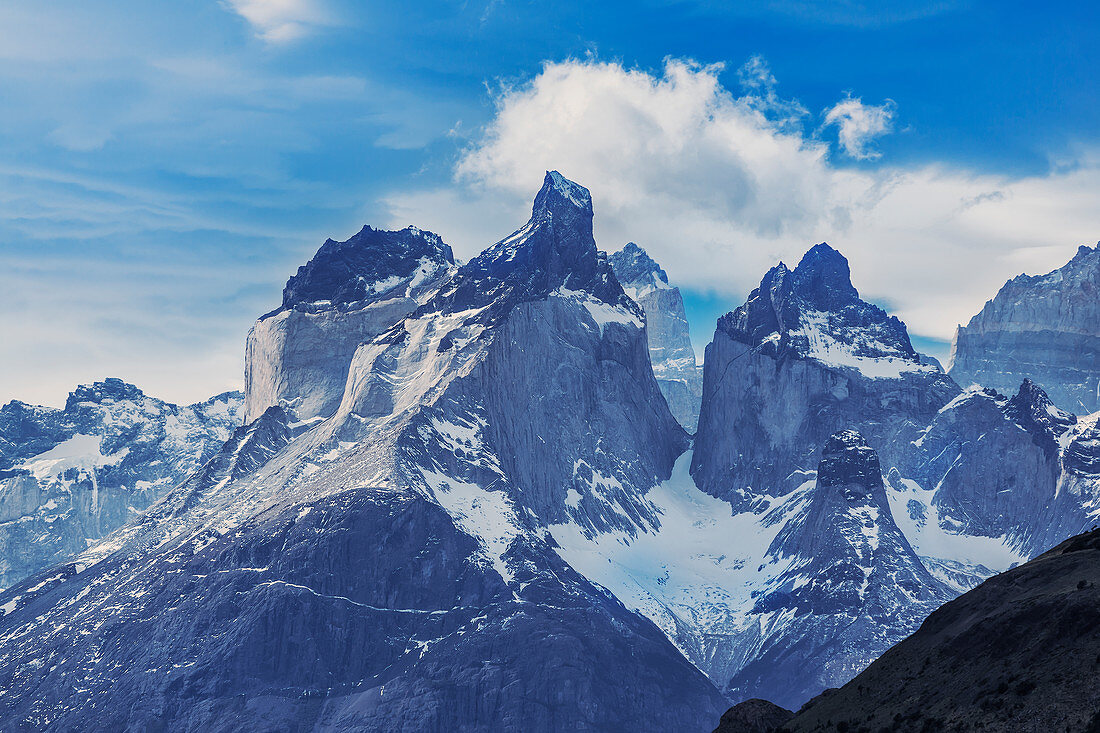 Blick auf die Hörner der Berge von Paine, Nationalpark Torres del Paine, Chile, Südamerika