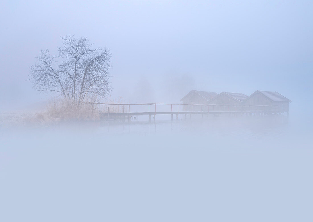 The three fishing huts of Schlehdorf in February in thick morning fog, Schlehdorf, Kochel am See, Upper Bavaria, Bavaria, Germany, Europe
