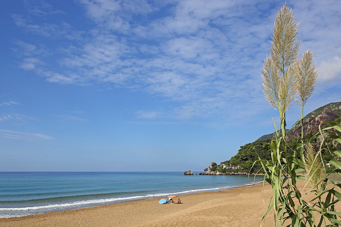 Glyfada Beach (also Glifada Beach) is located a little north of the village of Pelekas at the foot of the steep west coast, Pelekas, Corfu Island, Ionian Islands, Greece