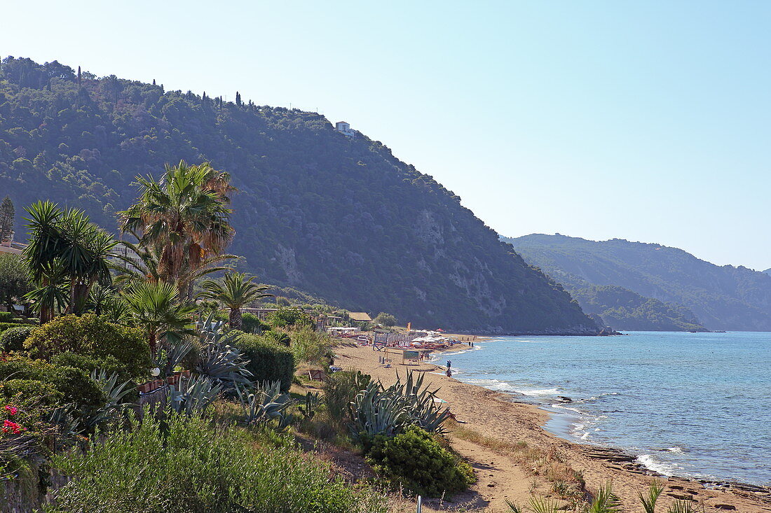 Glyfada Beach (also Glifada Beach) is located a little north of the village of Pelekas at the foot of the steep west coast, Pelekas, Corfu Island, Ionian Islands, Greece