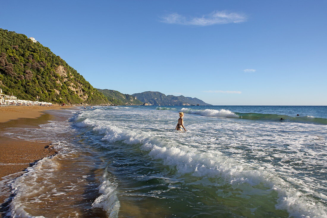 Glyfada Beach (also Glifada Beach) is located a little north of the village of Pelekas at the foot of the steep west coast, Pelekas, Corfu Island, Ionian Islands, Greece