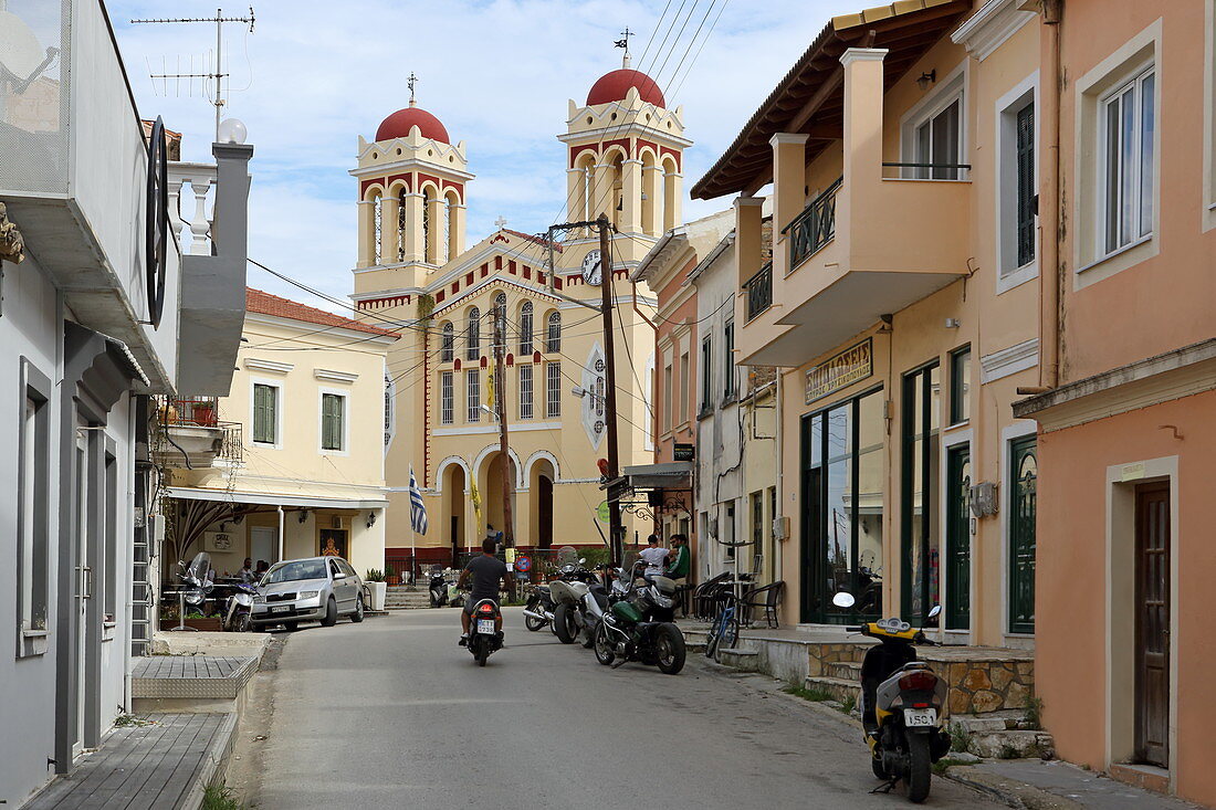 Main street in the place Lefkimi, Corfu Island, Ionian Islands, Greece