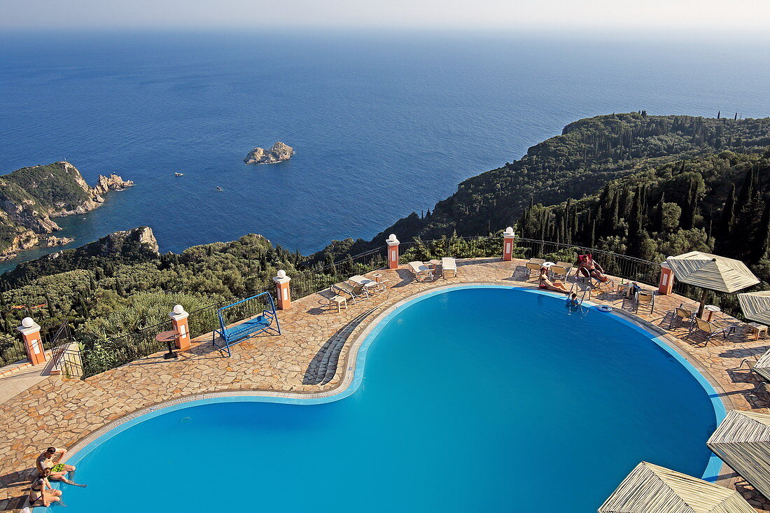 Pool terrace of the Golden Fox Hotel, Lakonas, Corfu, Ionian Islands, Greece