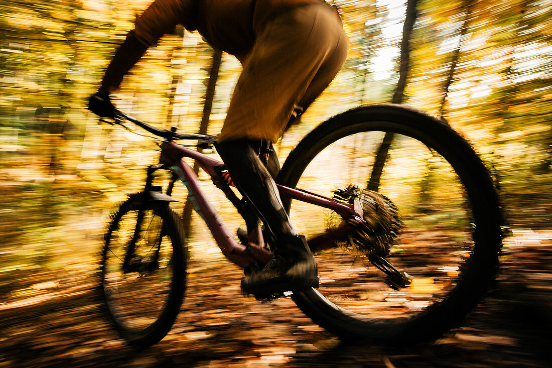 Mountainbiker fährt durch herbstlichen Wald