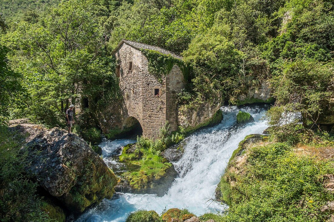 Frankreich, Gard, Blandas, Kreis der Navacelles, die Wassermühle La Foux beim Wiederaufleben des Flusses Vis, die Causses und die Cevennen, mediterrane Agro-Kulturlandschaft, die von der UNESCO zum Weltkulturerbe erklärt wurde